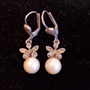 Sterling Silver Butterfly Drop Earring -Cultured Pearl & Diamond Accents-Vintage